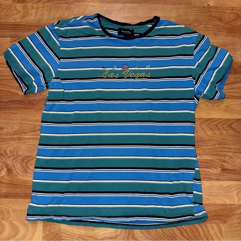 Rare Vintage Pacsun Las Vegas Embroidered Striped T Shirt Women’s Size XL